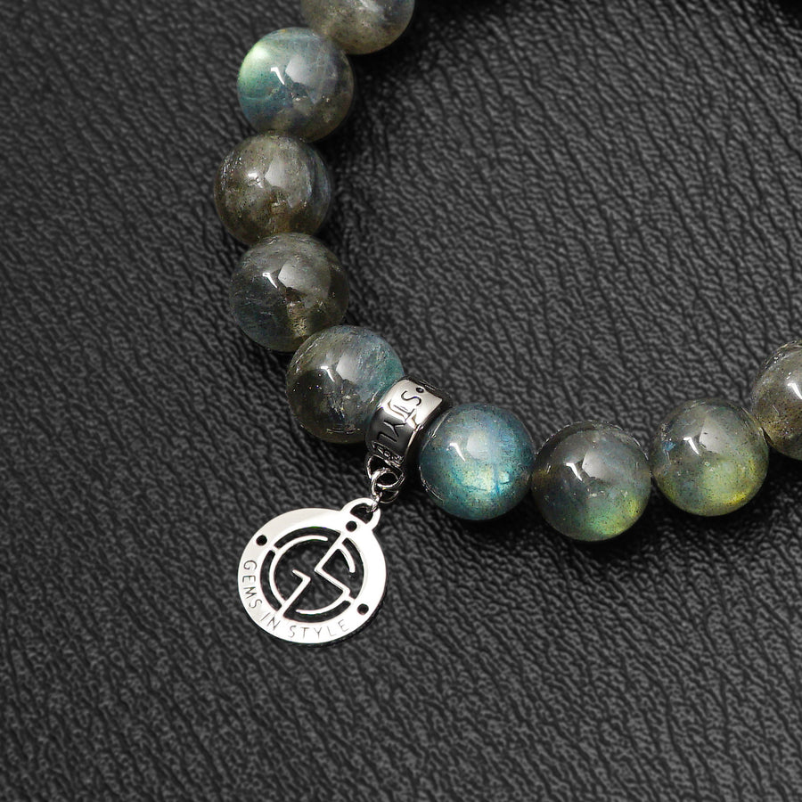 Labradorite gemstone bracelets with silver charm. High quality gemstone with strong colour flashes