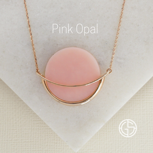 GEMS IN STYLE necklace - Dancing Orbit collection, PINK OPAL gemstone, 925 Sterling Silver with 14K Rose Gold plating. Modern Minimalist Gemstone Jewellery.