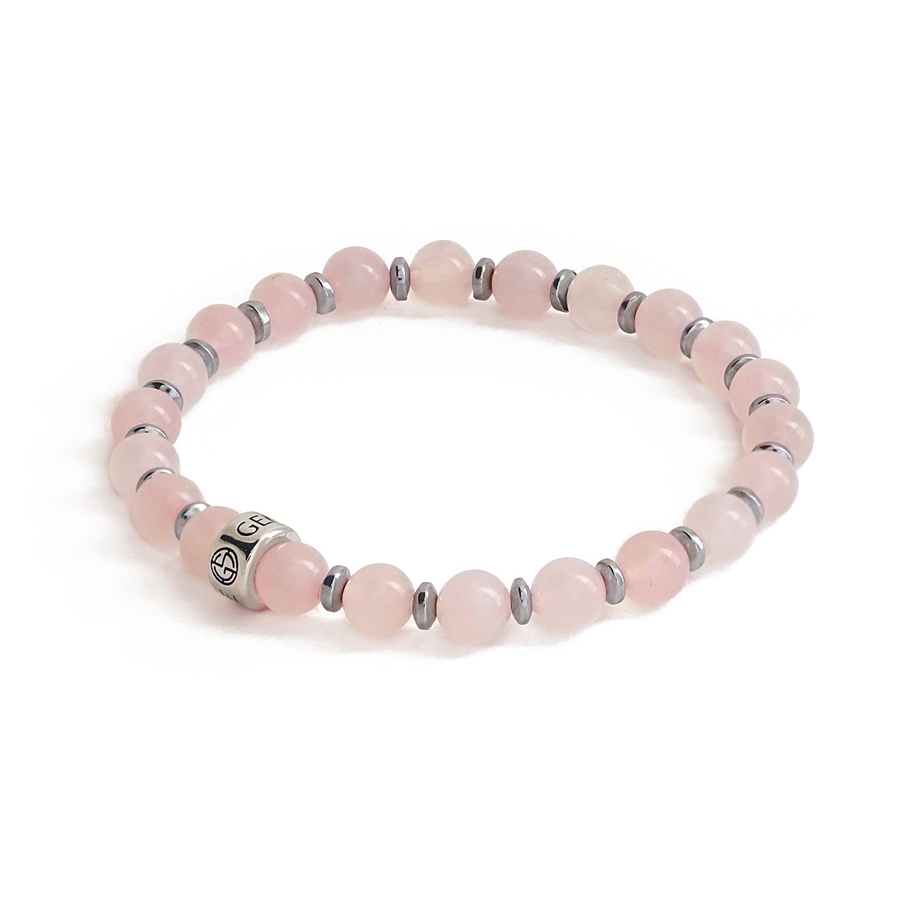 Rose Quartz natural gemstone bracelet with branded silver charm by Gems In Style Jewellery.