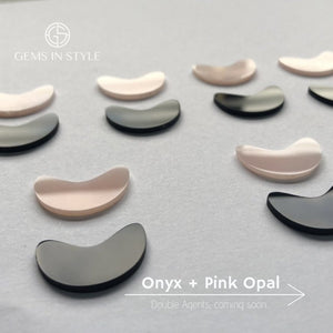 Onyx & Pink Opal gemstones cut for Double Agent necklace. Gems In Style jewellery.