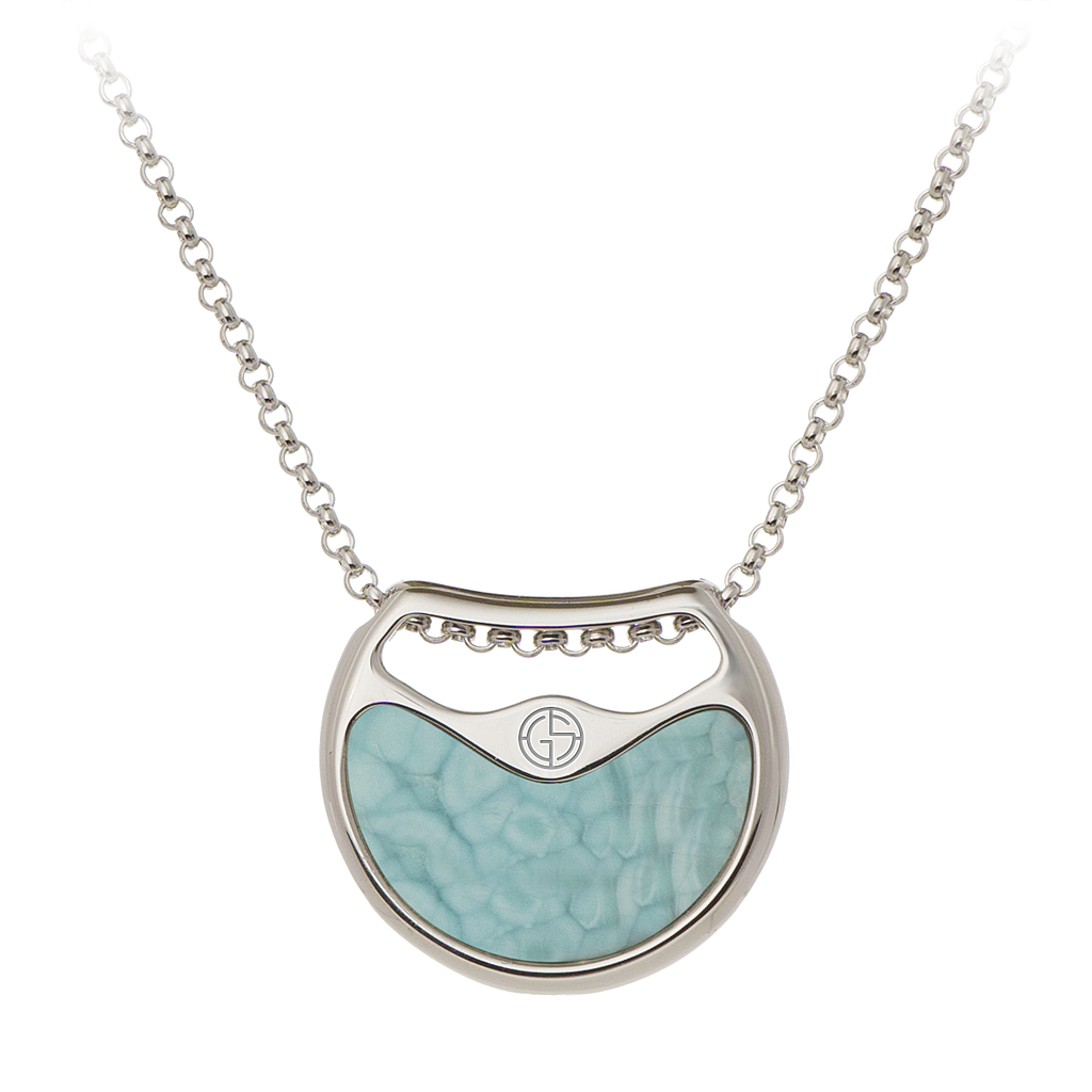 GEMS IN STYLE necklace - Double Agent collection, ONYX and LARIMAR gemstones, 925 Sterling Silver with Rhodium plating. Modern Minimalist Gemstone Jewellery.