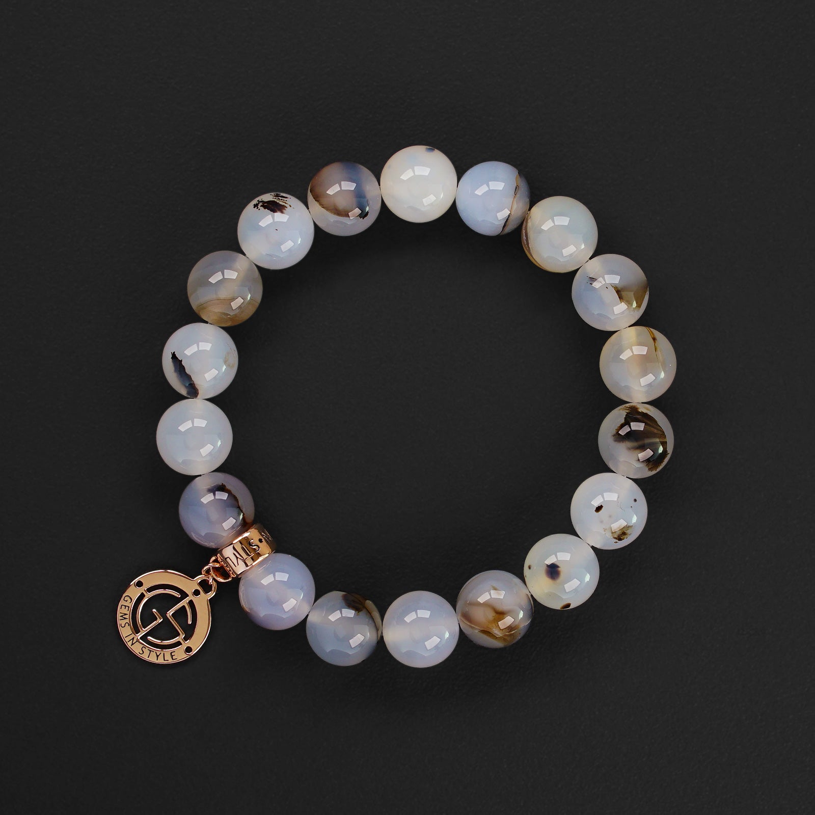 Faceted Natural Agate Stone Bead Bracelet Set with Brushed Gold