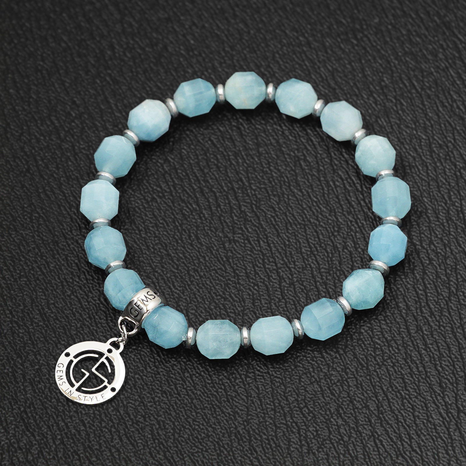 Aquamarine button shape bracelet with silver balls - Faceted beads - Rudra  Centre