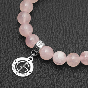 Madagascar Rose Quartz natural gemstone bracelet with branded silver charm by Gems In Style Jewellery.