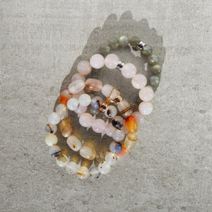 Agate and Labradorite natural  gemstone bracelets with branded  charms by Gems In Style Jewellery. 
