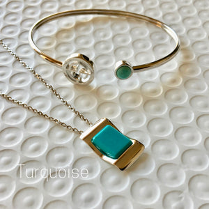 GEMS IN STYLE Signature Cuff and Enigma Necklace with genuine TURQUOISE, 925 Sterling Silver with Rhodium plating. Modern Minimalist Gemstone Jewellery.