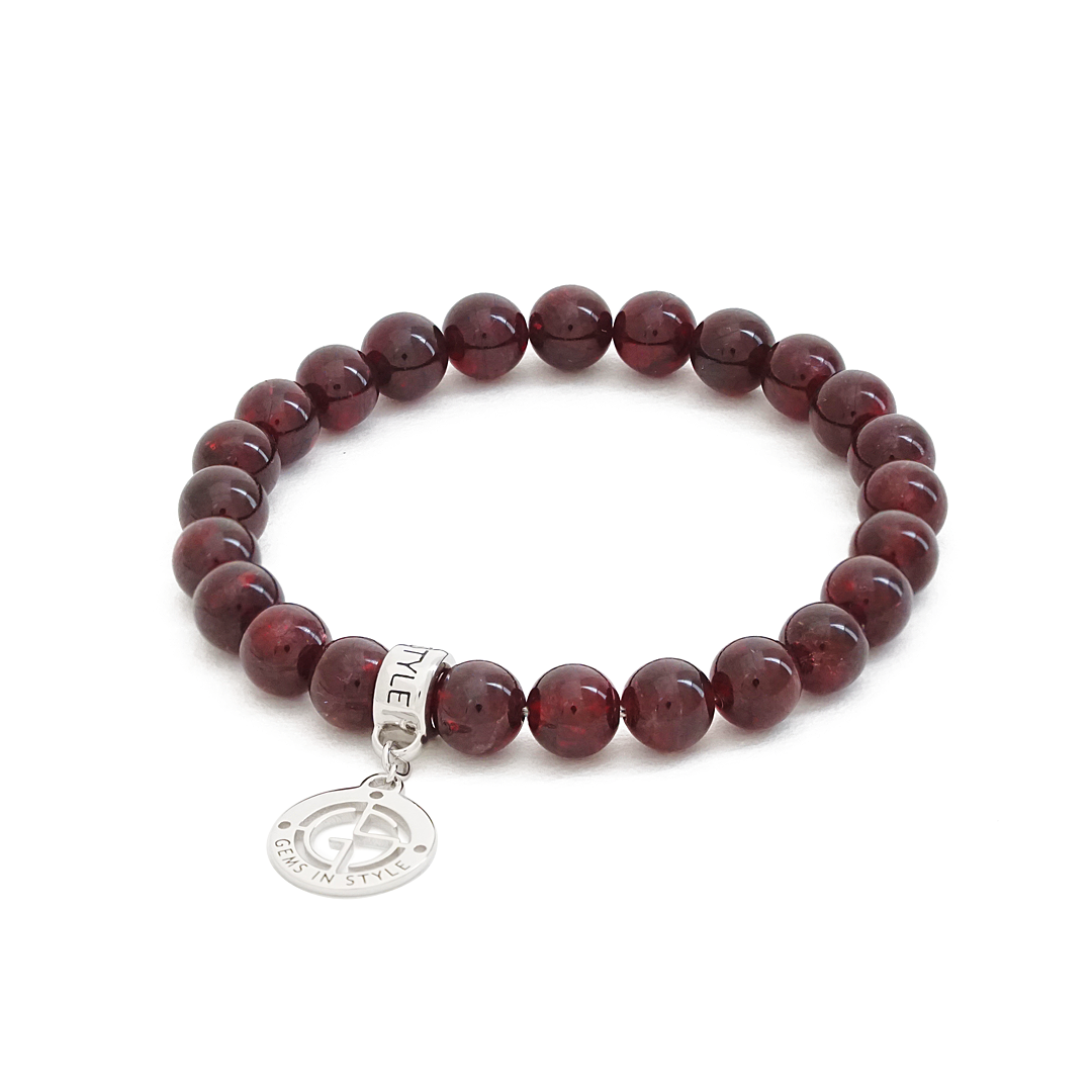 Garnet natural gemstone bracelet with silver charm by Gems In Style Jewellery.