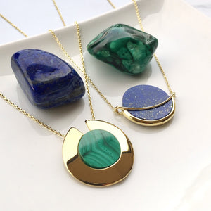 GEMS IN STYLE necklace - MALACHITE and LAPIS LAZULI gemstones, 925 Sterling Silver with 14K Gold plating. Modern Minimalist Gemstone Jewellery.