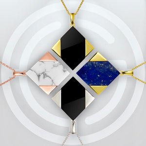 GEMS IN STYLE reversible necklaces - Magic Quad collection, natural gemstones, 925 Sterling Silver with Rhodium or 14K Gold plating. Modern Minimalist Geometric Gemstone Jewellery.